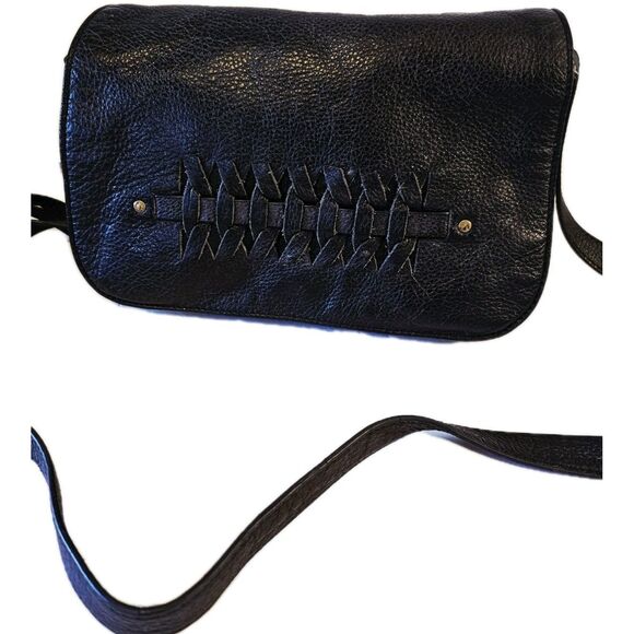 Lucky Brand Handbags - Lucky Brand Kingston Flap Crossbody Bag Black Pebbled Leather Woven Boho
